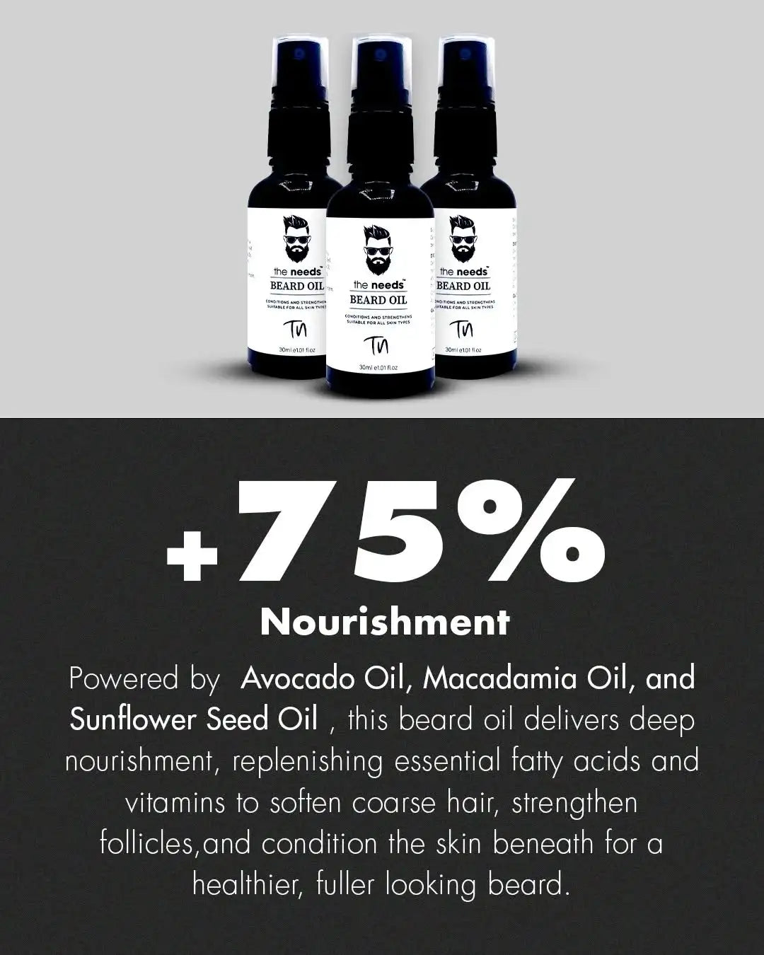 Three bottles of beard oil about nourishment and ingredients