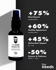 Beard oil bottle with benefits displayed on a black background