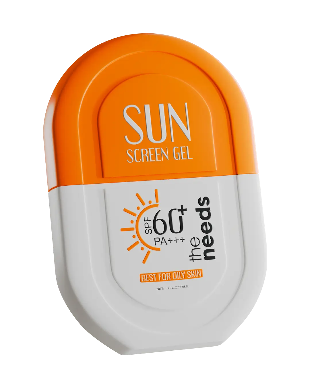 Sunscreen Gel by The Needs, featuring a bright orange top half and a white bottom half with black and orange text, isolated on a white background.